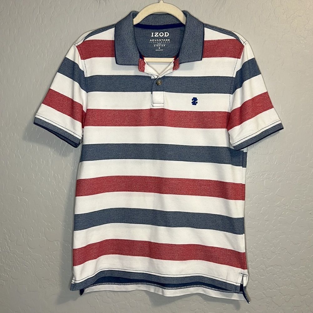 IZOD Men’s Red White Blue Striped Short Sleeve Polo Size Small - Picture 7 of 7